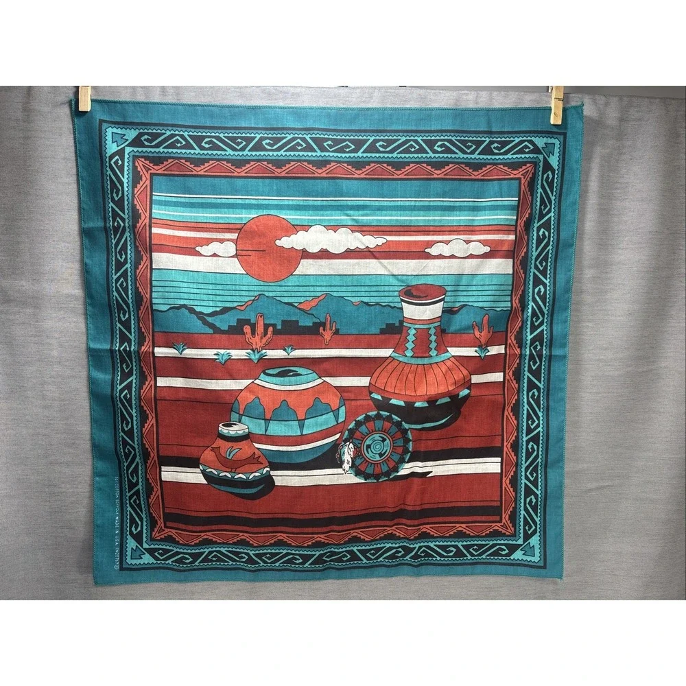 Scarf Southwestern Pottery Sun Cactus Bandanas Teal Rust USA 21
